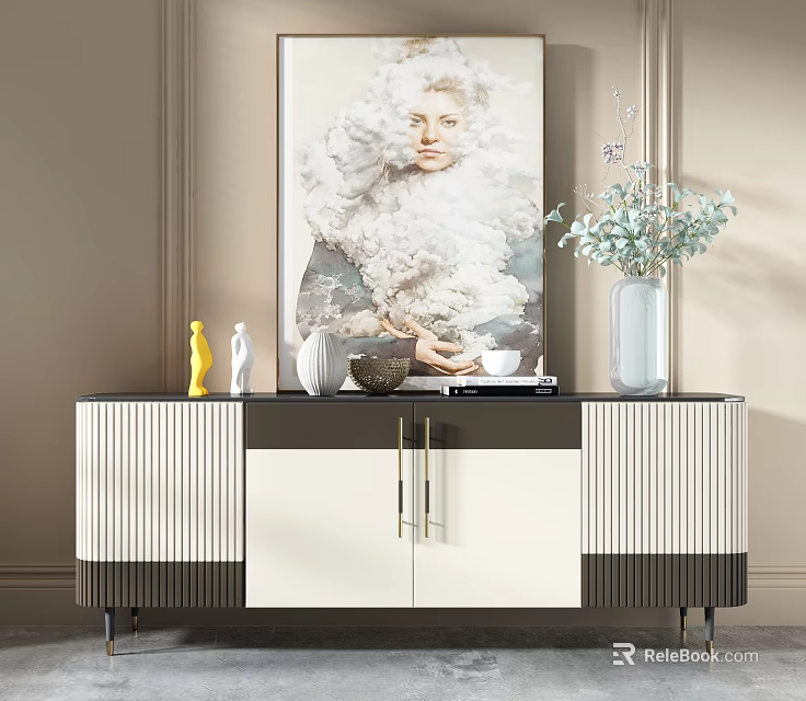 Elegant Modern TV Stand With White Black Cabinet Doors And Decorative Vase Sculpture On Top 3d model 