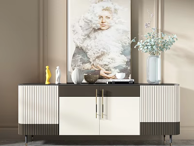 Elegant Modern TV Stand With White Black Cabinet Doors And Decorative Vase Sculpture On Top 3d model