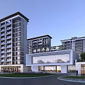Modern Sales Office Exterior With Glass Facade And Surrounding Residential Buildings