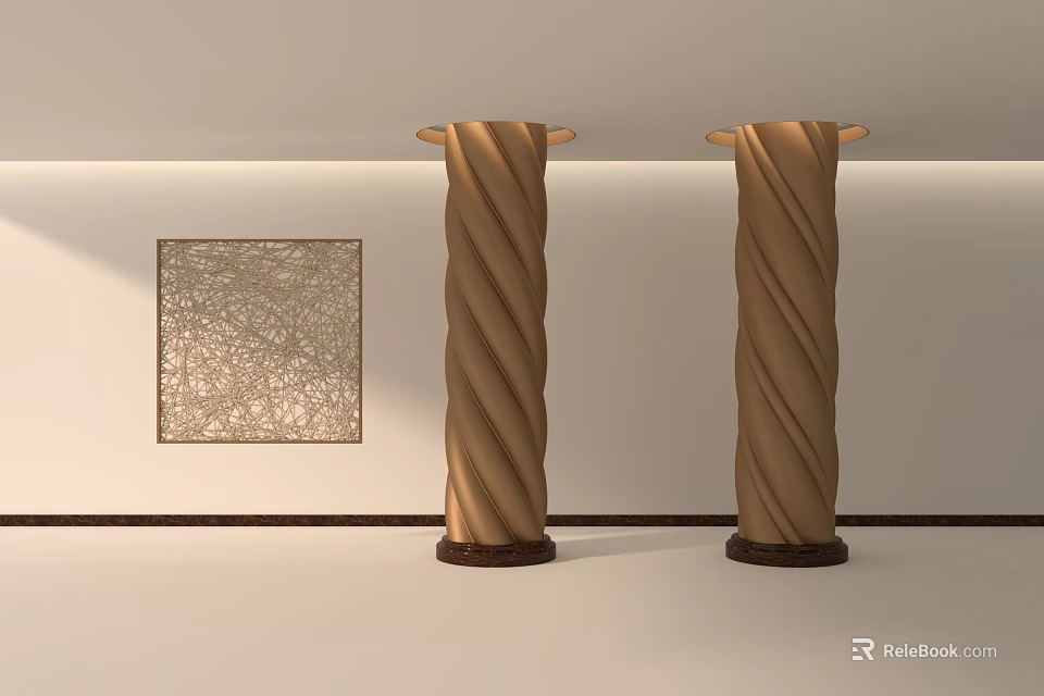 Two Twisted Columns With Square Art Piece On Light Colored Wall And Dark Base 3d model 