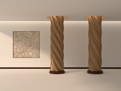 Two Twisted Columns With Square Art Piece On Light Colored Wall And Dark Base 3d model