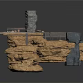3D Scene Structure With Golden Gray Black Rocks And Metal Bridge Platform