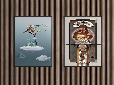 Traditional Decorative Paintings Featuring Mythical Figure Clouds Ornate Borders And Calligraphic Design 3d model