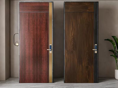 Interior Swing Doors With Dark Red And Brown Wooden Texture And Metal Handles 3d model