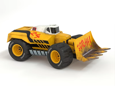 Electric Toy Yellow Bulldozer with Black Stripes and Special Marked Shovel 3d model