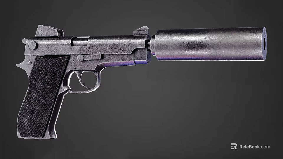 Black Pistol With Silencer Close Up View Of Weapon Details 3d model 