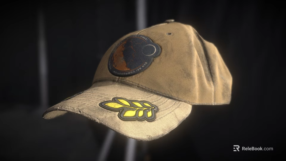 Vintage Brown Cotton Hat with Circular Badge and Yellow Leaf Patch 3d model 