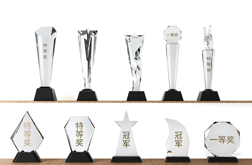 Elegant Crystal Trophies and Medals Collection With Diverse Shapes and Award Engravings 3d model 