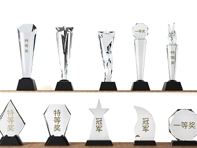 Elegant Crystal Trophies and Medals Collection With Diverse Shapes and Award Engravings 3d model