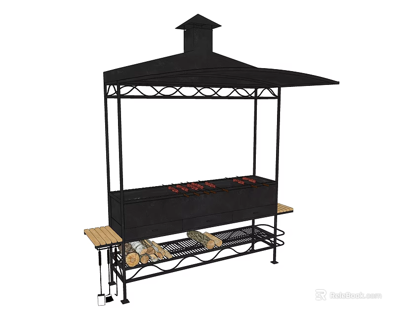 Outdoor Fire Pit With Black Metal Frame Canopy Wooden Benches And Storage Shelf 3d model 