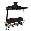 Outdoor Fire Pit With Black Metal Frame Canopy Wooden Benches And Storage Shelf