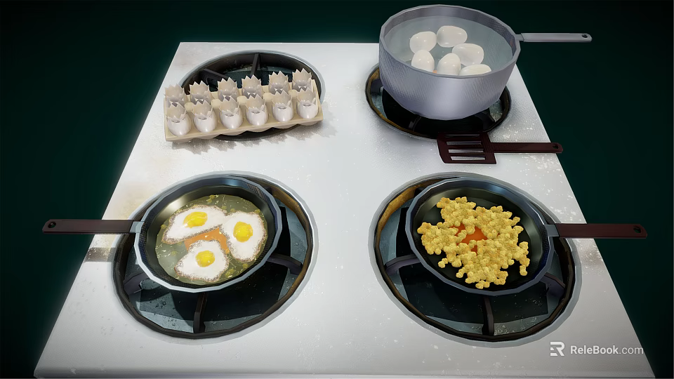 Kitchen Stove With Fried Eggs Corn Kernels Boiled Eggs And Dumplings Cooking 3d model
