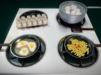 Kitchen Stove With Fried Eggs Corn Kernels Boiled Eggs And Dumplings Cooking 3d model