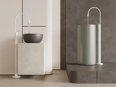 Modern Bathroom Washbasin Setup With Black Bowl Sink White Faucet And Gray Cylindrical Basin 3d model