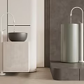 Modern Bathroom Washbasin Setup With Black Bowl Sink White Faucet And Gray Cylindrical Basin