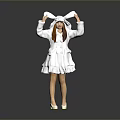 Woman In White Rabbit Costume With Long Red Hair And Rabbit Ears On Gray Background