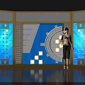 Anime Character In Stylish Outfit Standing By Blue White Geometric Display With Dashboard Design