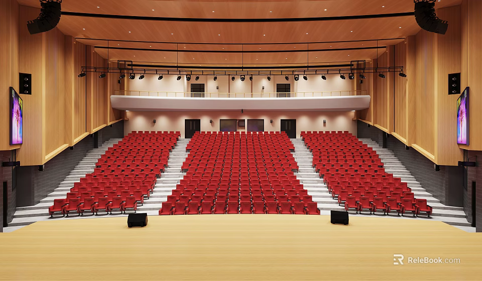 Banquet Hall Interior With Red Seats Stepped Rows Wooden Stage And Lighting Fixtures 3d model 