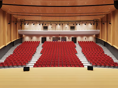 Banquet Hall Interior With Red Seats Stepped Rows Wooden Stage And Lighting Fixtures 3d model