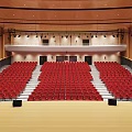 Banquet Hall Interior With Red Seats Stepped Rows Wooden Stage And Lighting Fixtures