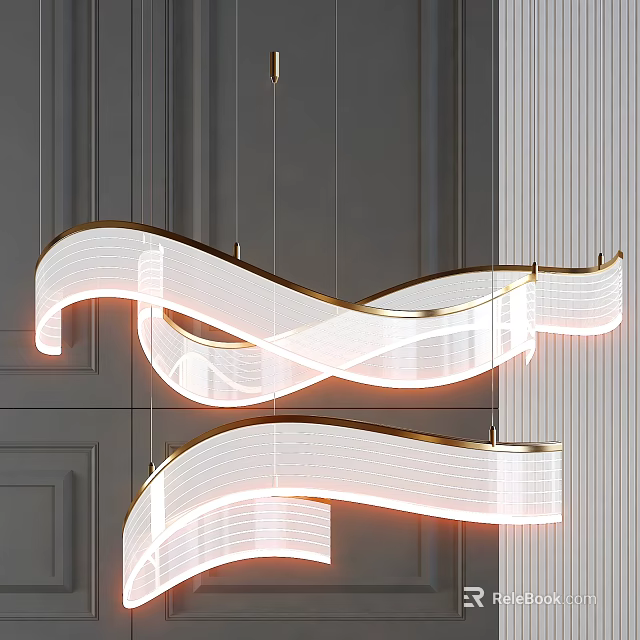 Modern Curved White Light Strip Chandelier With Gold Frame In Interior Space 3d model 