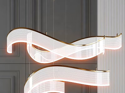 Modern Curved White Light Strip Chandelier With Gold Frame In Interior Space 3d model