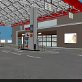 Gas Station With Red Canopy Fuel Pumps And Pedestrians Nearby Vehicles