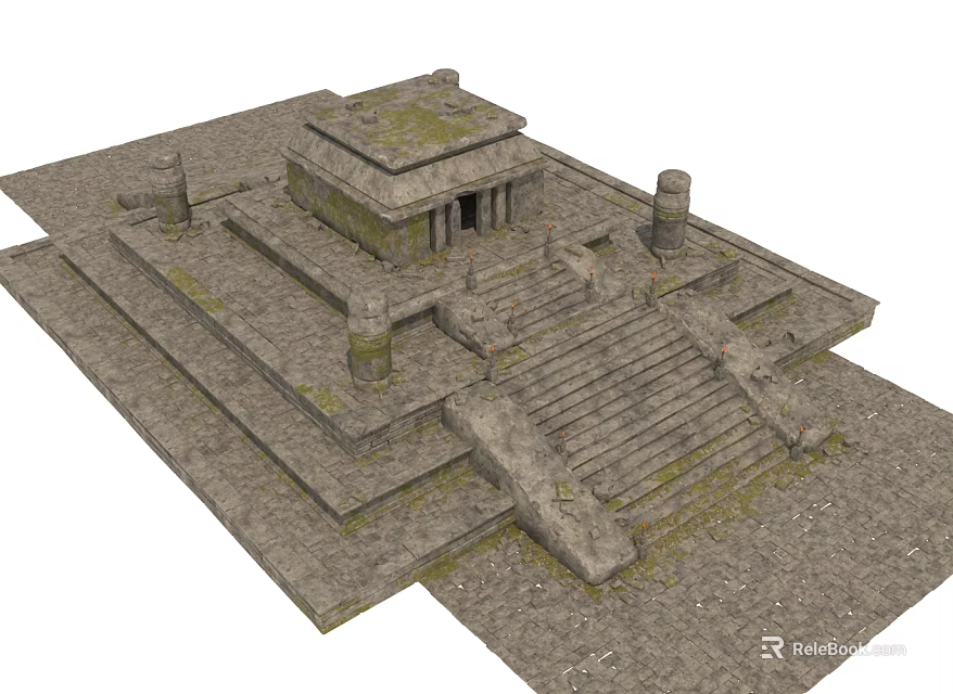Ancient Stone Architectural Structure With Stone Steps Pillars And Mossy Top Platform 3d model 