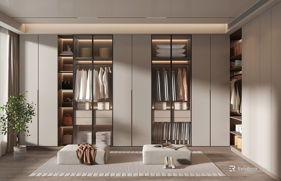 Modern Walk in Closet Interior Design With Hanging Clothes Storage Shelves And Bench 3d model 