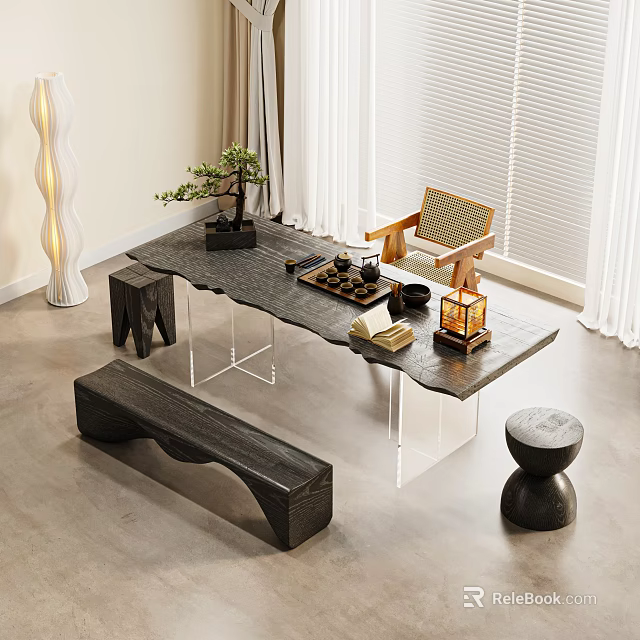 Minimalist Dark Tea Table with Acrylic Legs and Chairs Bonsai Tea Set Lantern 3d model 