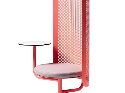 Pink Single Chair With Perforated Backrest Light Gray Padded Seat And Small Round Glass Table 3d model
