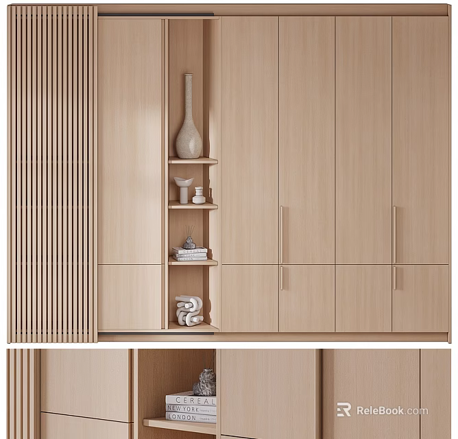 Modern Light Wooden Wardrobe Design With Open Shelves And Closed Cabinets Featuring Vase Towels 3d model 