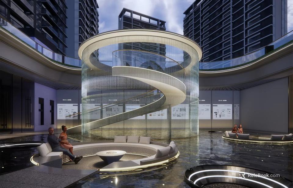 Modern Urban Garden Landscape Design With Spiral Glass Structure Water Feature And Seating Area 3d model 