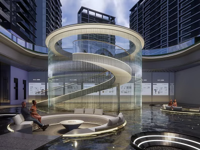 Modern Urban Garden Landscape Design With Spiral Glass Structure Water Feature And Seating Area 3d model