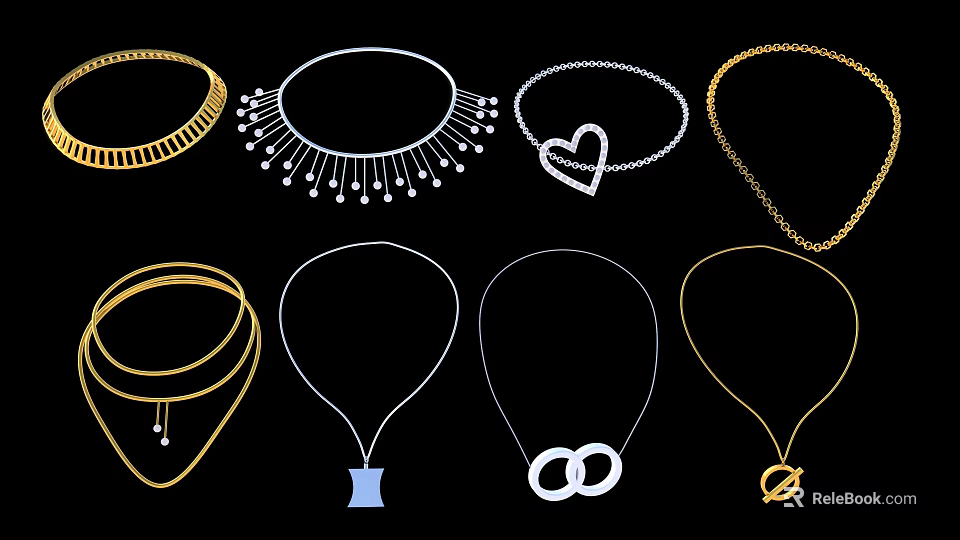 Elegant Jewelry Collection With Various Pendant Designs And Gold Silver Necklaces 3d model 