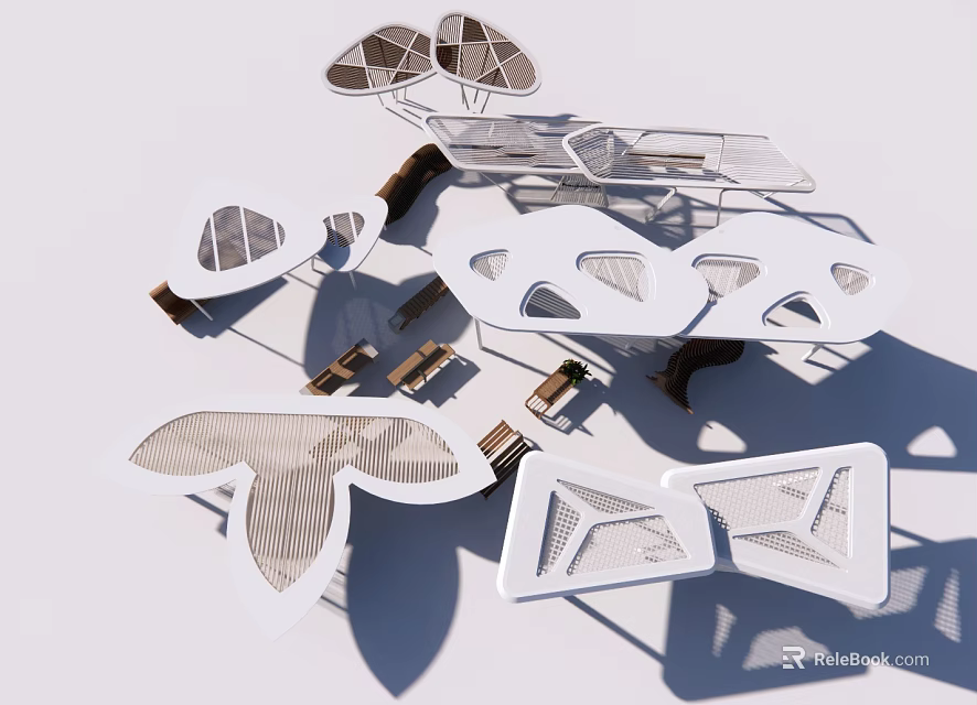 Modern White Cutout Design Outdoor Structures With Artistic Shapes And Shadows 3d model 