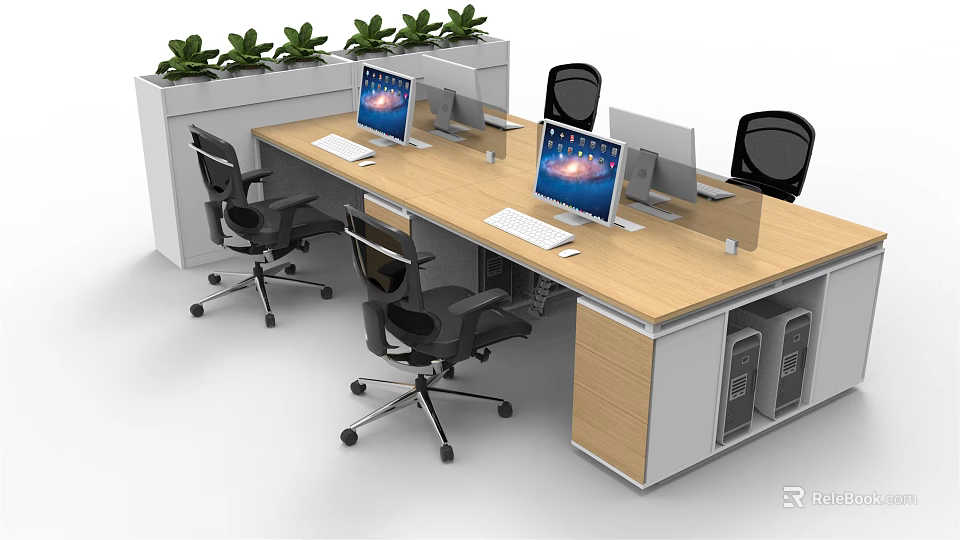 Modern Office Workstations With Computer Monitors Keyboards Ergonomic Chairs And Green Plants 3d model