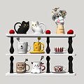 Stylish Cat Mugs on White Multi Layer Shelf with Red Cherry Tomatoes Daisies and Patterns 3d model