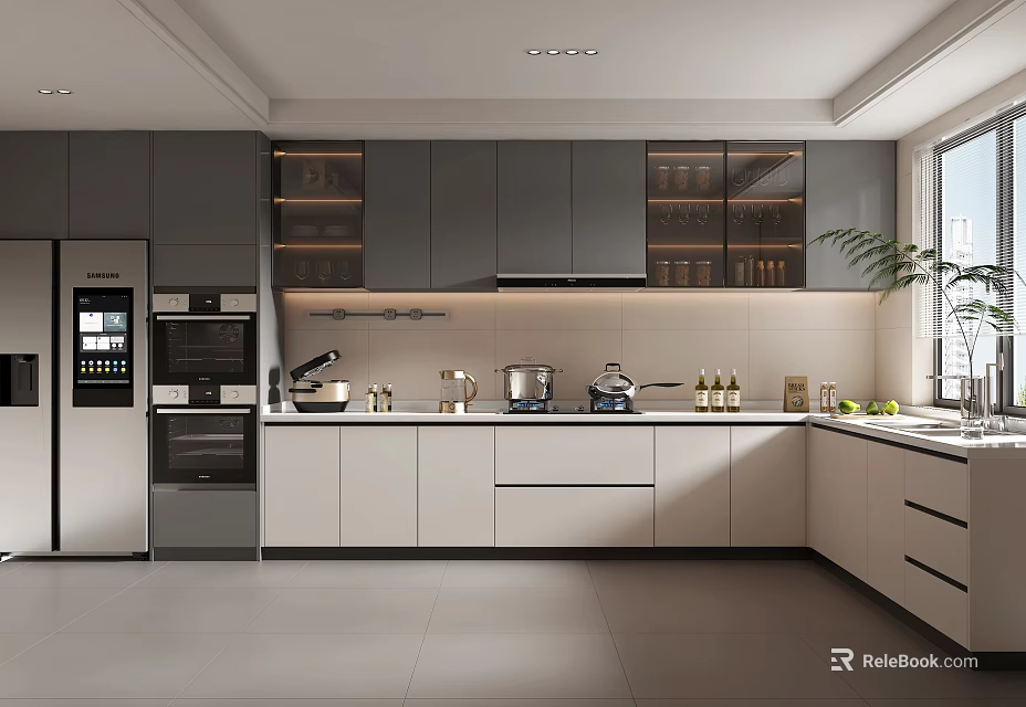 Modern Kitchen Interior With Gray White Cabinets And Stainless Steel Appliances 3d model 