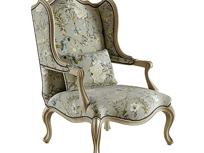 European Style Accent Chair With Floral Upholstered Fabric And Carved Wooden Frame 3d model