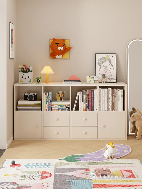 White Kids Room Bookshelf With Books Camera Lamp Decorations And Storage Drawers 3d model 