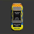 Yellow And Blue Police Car With Emergency Services Sign Flashing Lights And Black Wheels