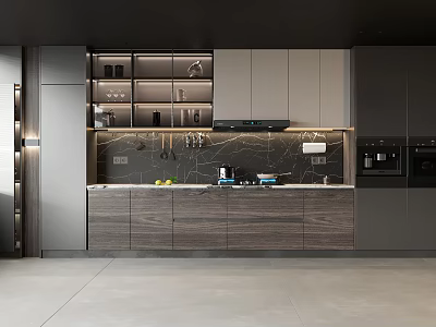 Modern Gray Wooden Dining Sideboard In Open Kitchen With Cabinet And Drawer Storage 3d model