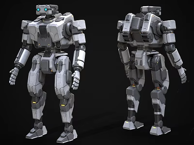 Game and Movie Robot Character with Gray White Armor Blue Eyes Front Back Views 3d model