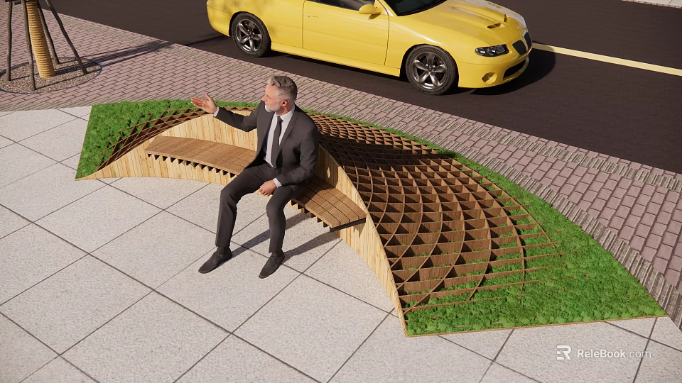 Curved Wooden Landscape Seat Design With Man Sitting On Lawn And Paved Area 3d model 