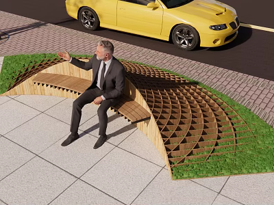 Curved Wooden Landscape Seat Design With Man Sitting On Lawn And Paved Area 3d model