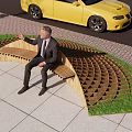 Curved Wooden Landscape Seat Design With Man Sitting On Lawn And Paved Area