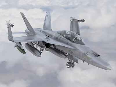 US Navy Fighter Jet Flying in Cloudy Sky With Landing Gear Down and Mounted Missiles 3d model