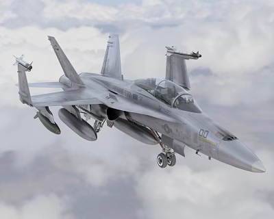 US Navy Fighter Jet Flying in Cloudy Sky With Landing Gear Down and Mounted Missiles 3d model
