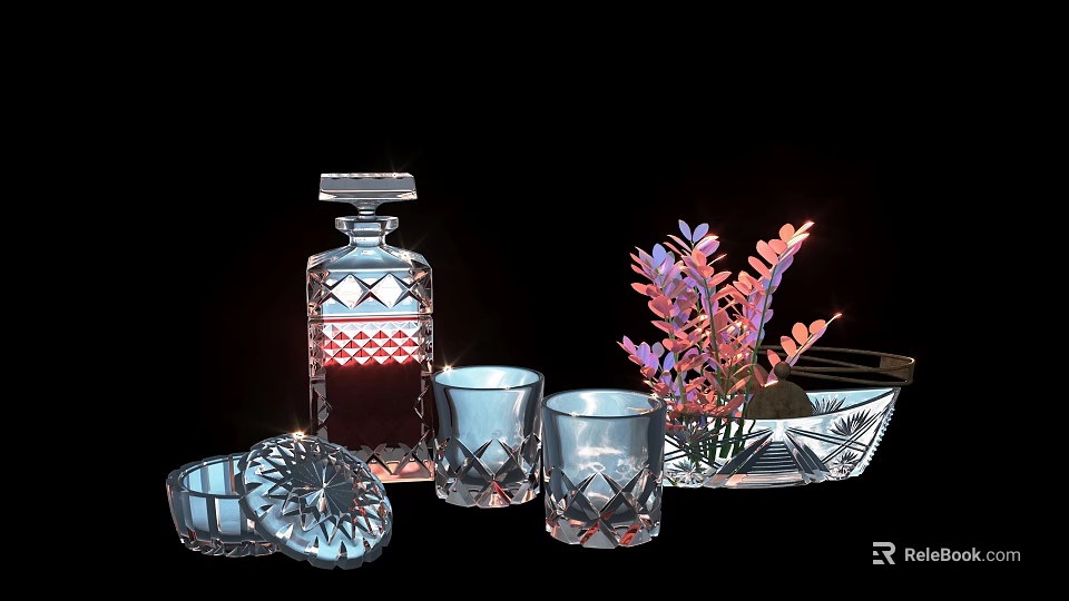Stylish Ceramic Ware Collection with Diamond Cut Decanter Tumblers Floral Bowl and Coasters 3d model 